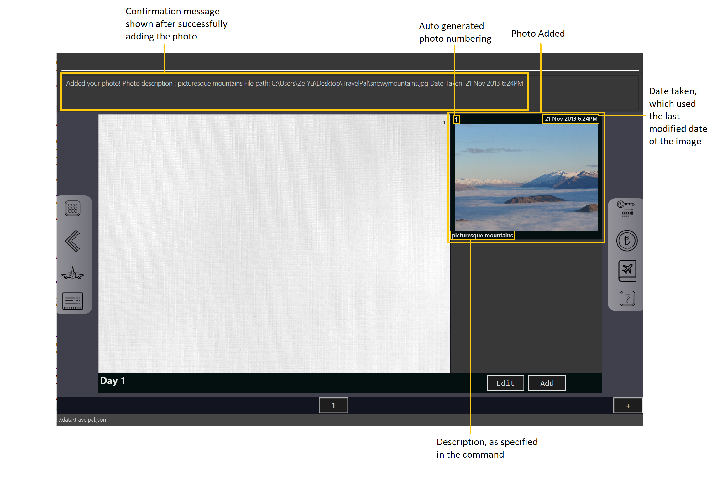 diary addphoto command filepath result